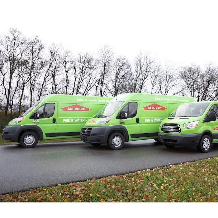 Faster to any size disaster - green SERVPRO vehicles